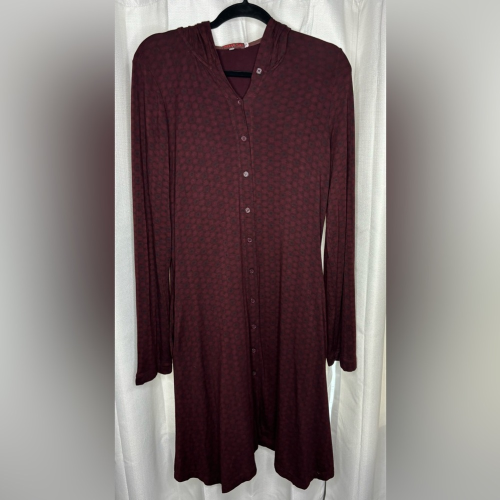 NWOT Johnny Was Purple Long Sleeve Button-Front Jersey Shirt Dress Hood Sz Small